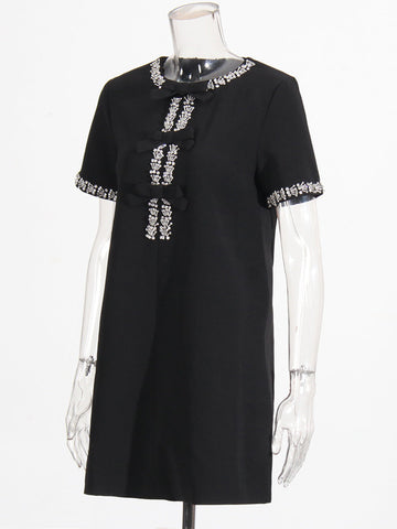 Diamond Drill Skirt 2025 Summer New Round Neck Short Sleeves Solid Color Waist Dress Dress Woman